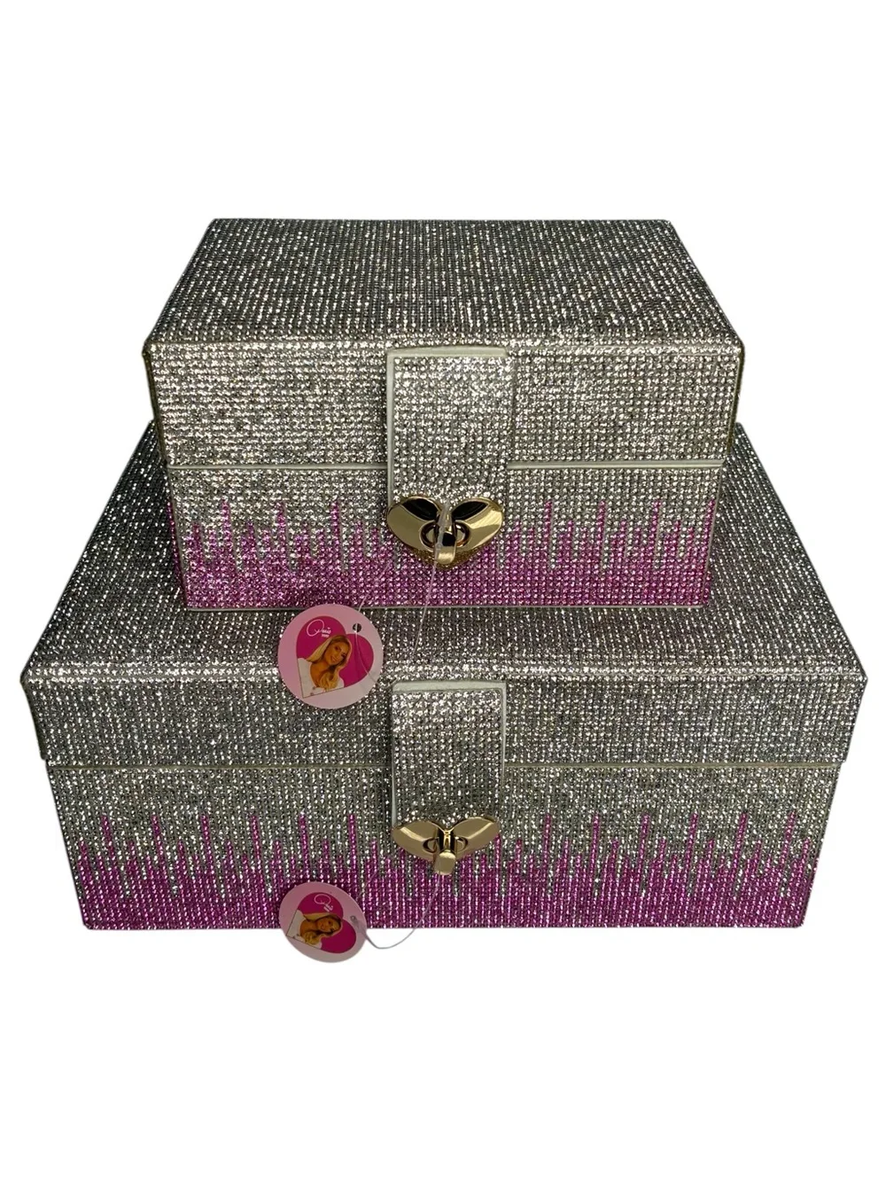 Paris Hilton Ombré Pink Silver Rhinestone Decorative Storage jewelry box Set